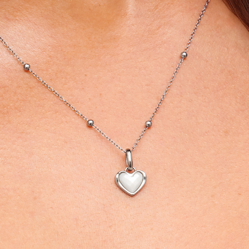 White Quartz Heart Necklace & Bracelet Set (Silver)