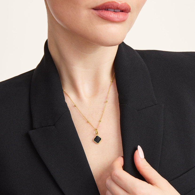 Black Enamel Clover & Initial Necklace (Gold)
