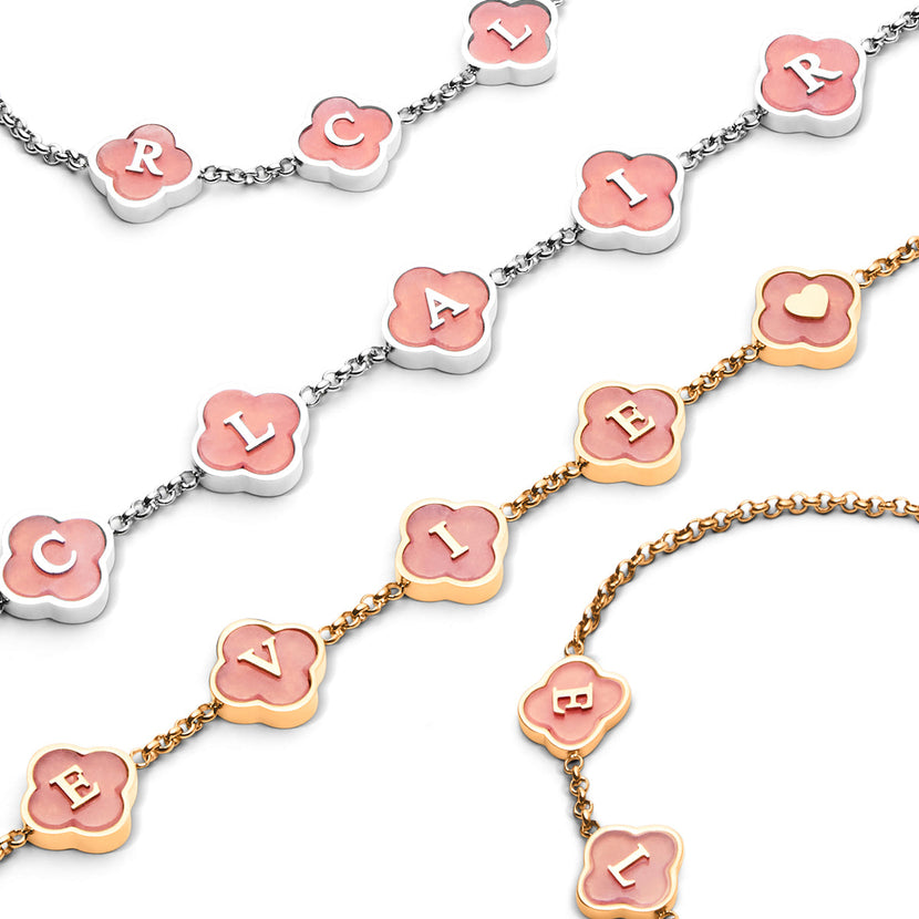 Rose Quartz Clover Custom Name Necklace (Gold)
