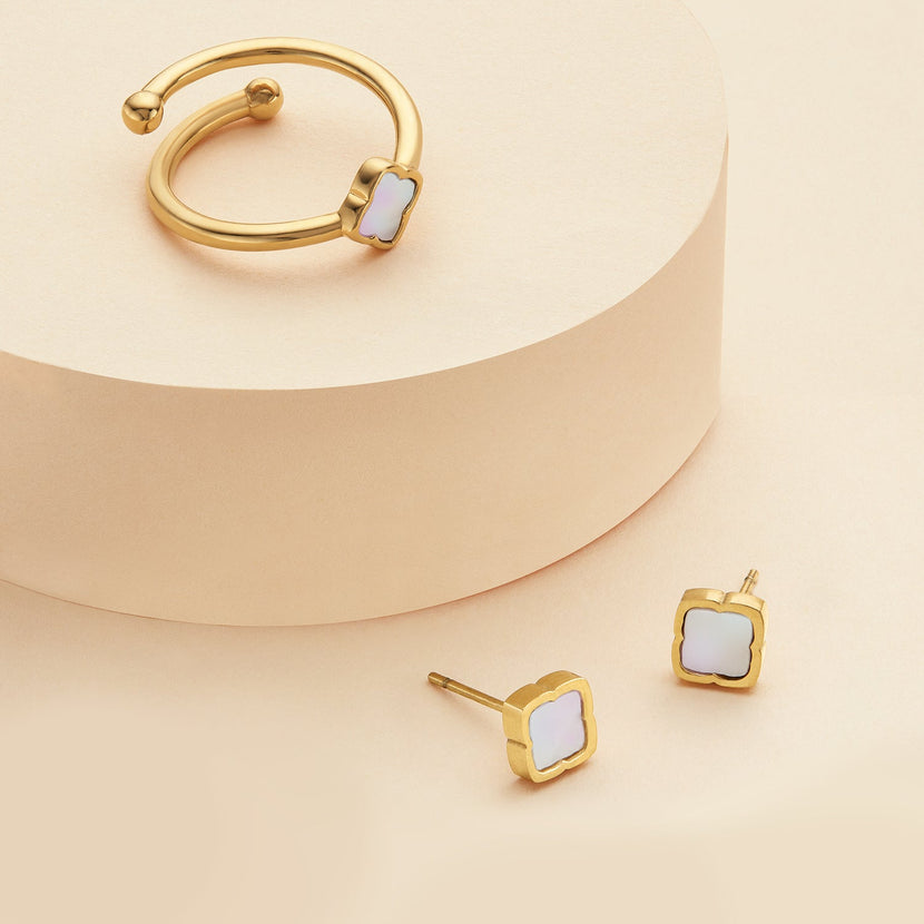 Mini Pearl Clover Ring & Earrings Set (Gold)