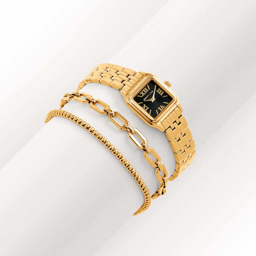Black Essence Watch & Chain Bracelet Set (Gold)