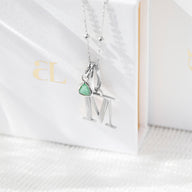 Personalised Initial & Droplet Birthstone Necklace (Silver)