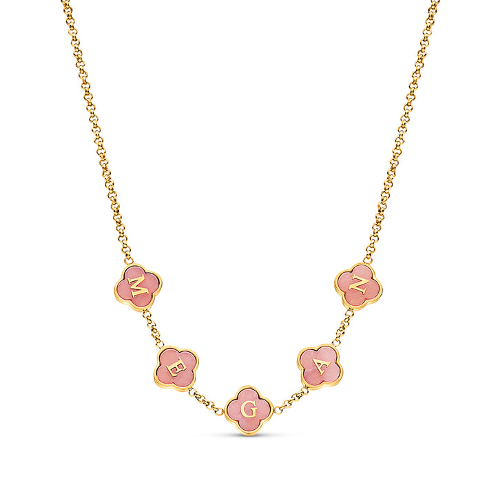 Rose Quartz Clover Custom Name Necklace (Gold)