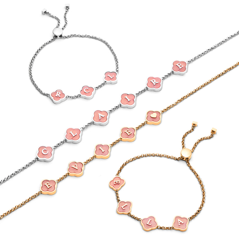 Rose Quartz Clover Custom Name Necklace (Gold)