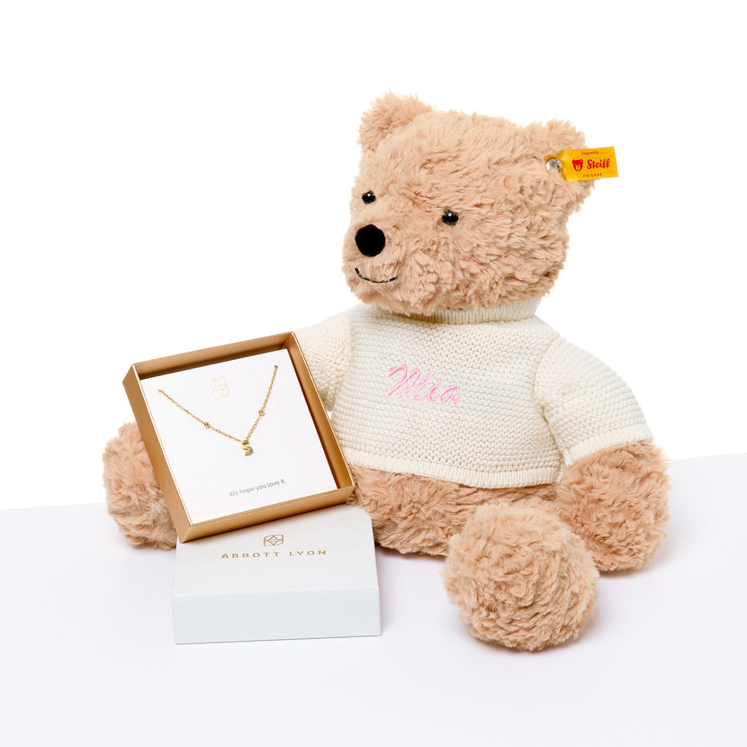 Steiff Teddy Bear & Initial Necklace Bundle (Gold)