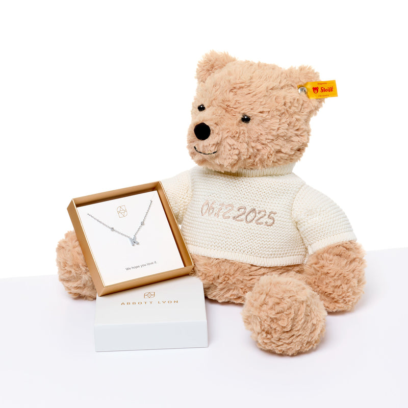 Steiff Teddy Bear & Initial Necklace Bundle (Silver)