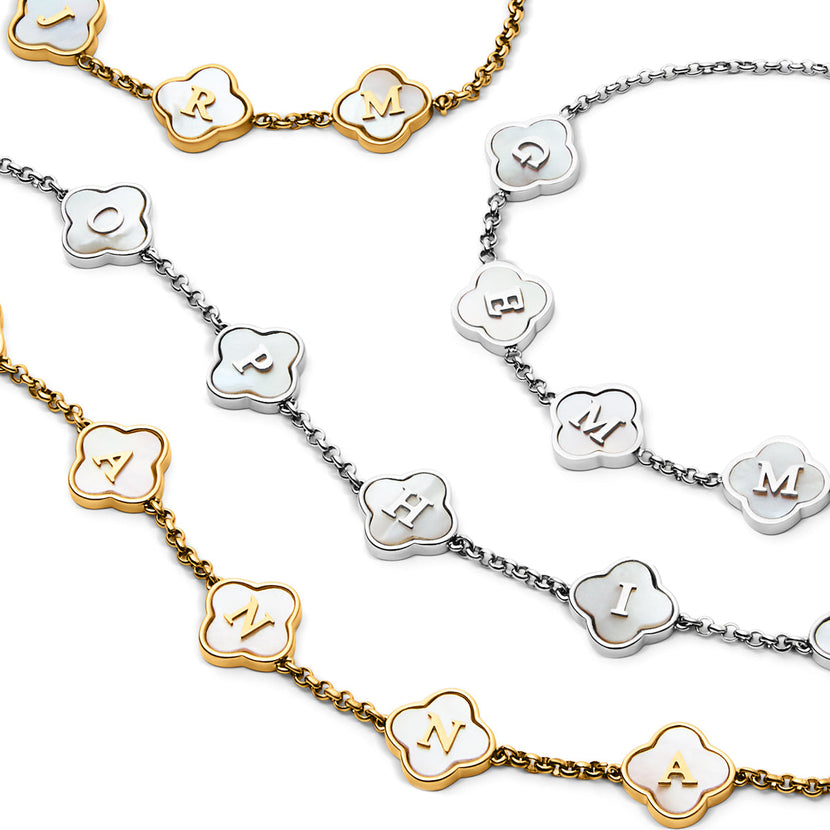 Pearl Clover Custom Name Bracelet (Silver)