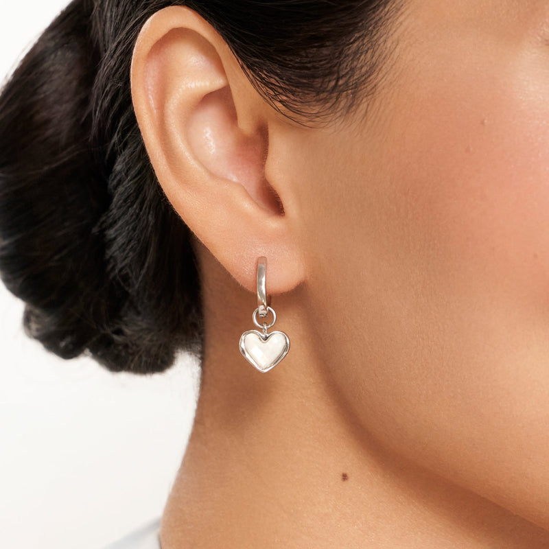 White Quartz Heart Huggie Earrings Set (Silver)