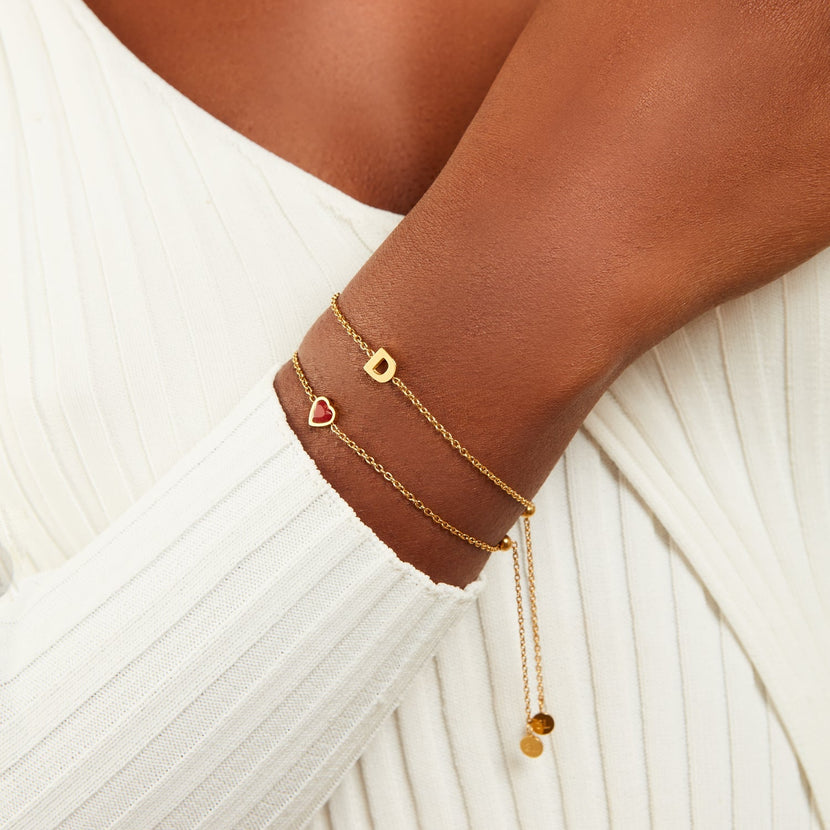 Mini Heart Birthstone & Initial Bracelet Set (Gold)