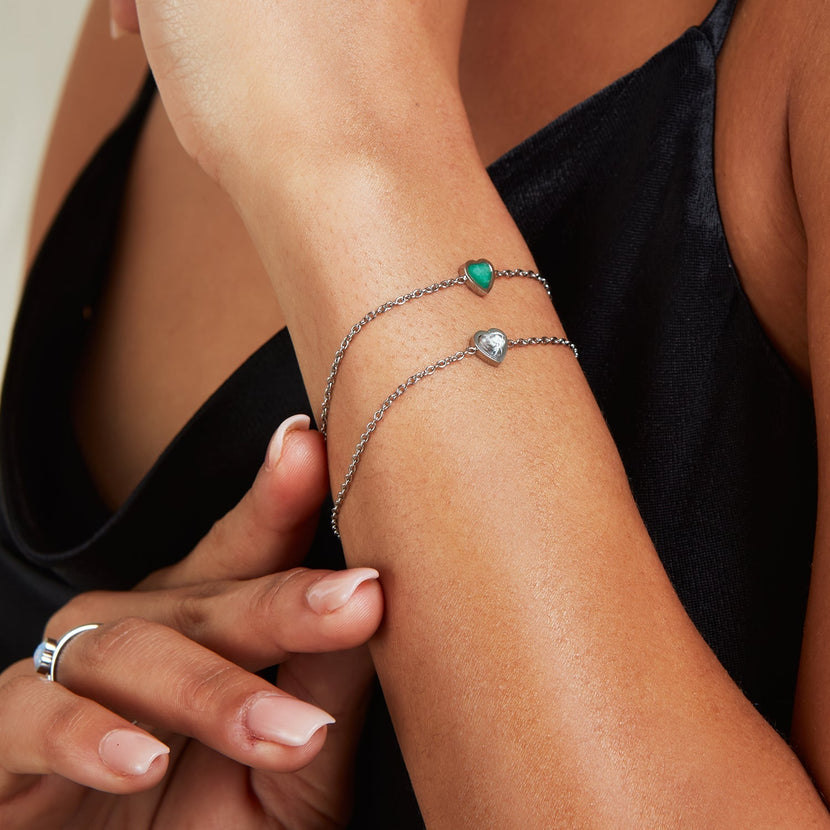Mini Heart Birthstone & Initial Bracelet Set (Silver)