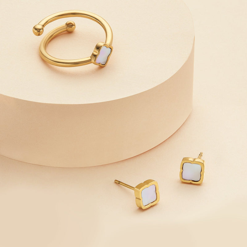 Mini Pearl Clover Ring & Earrings Set (Gold)
