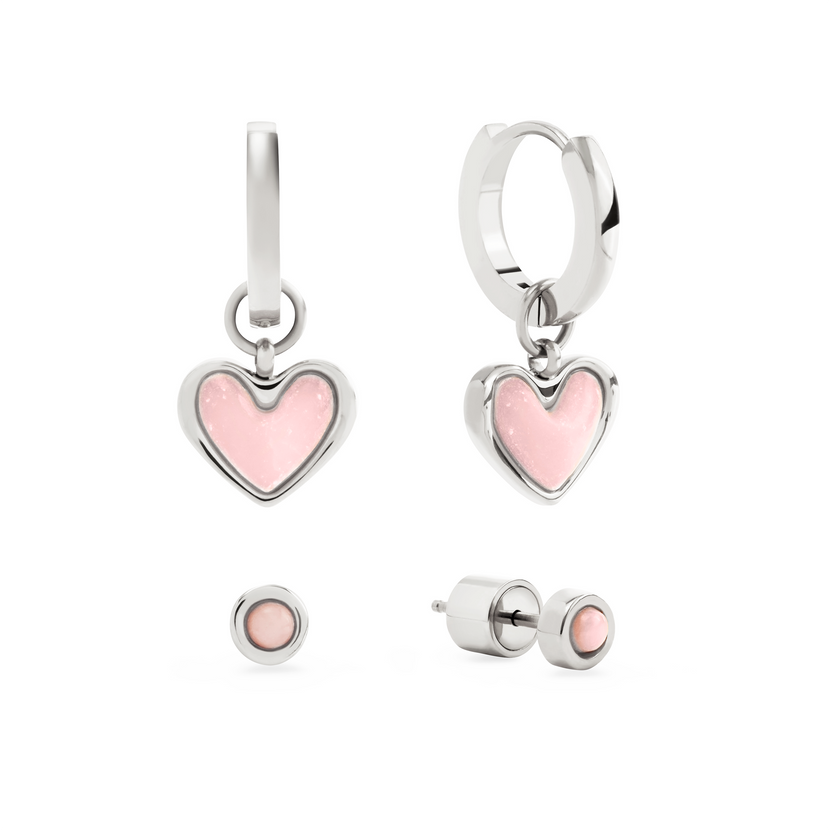 Pale Pink Opal Huggie Heart Hoop Earrings & Studs Set (Silver)