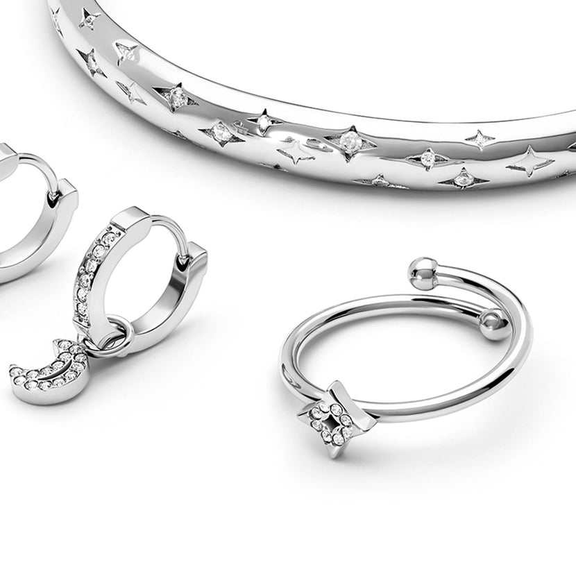 Moon and Back Moon and Star Ring Set (Silver)
