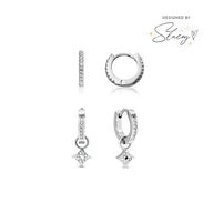 Moon and Back Star Huggie Earring Set (Silver)