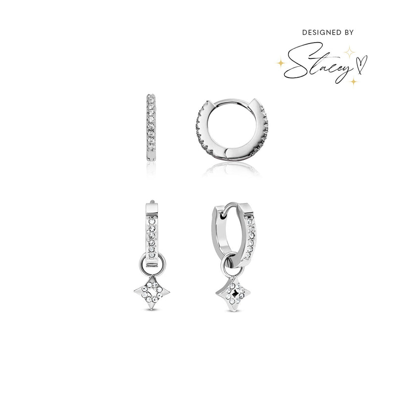 Moon and Back Star Huggie Earring Set (Silver)