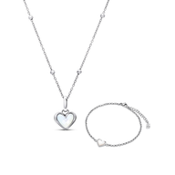 White Quartz Heart Necklace & Bracelet Set (Silver)