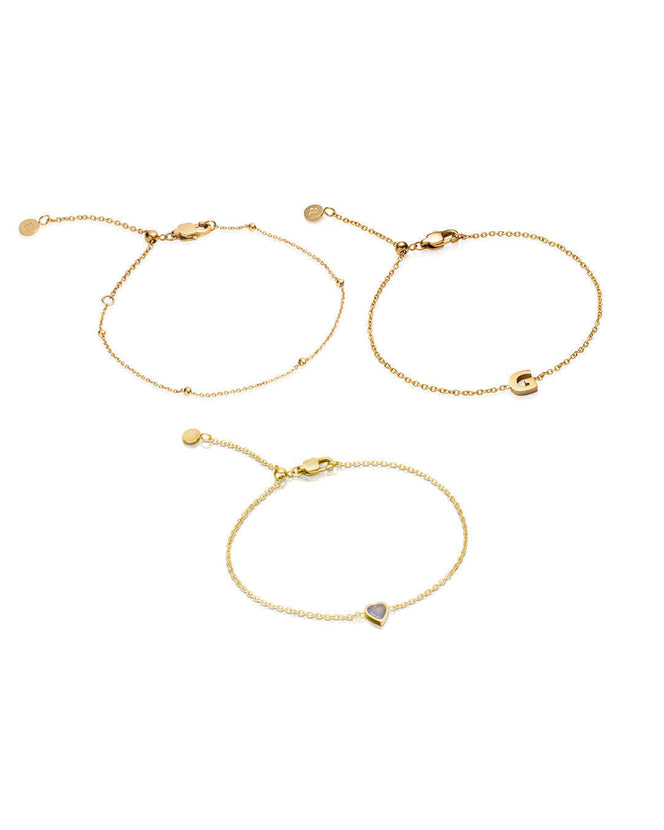 Mini Birthstone & Letter Bracelet Set (Gold)